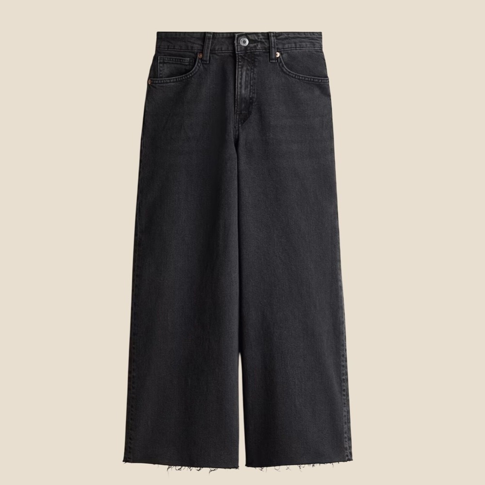 H&M Jeans Women Sz 2 High Rise Wide Leg Ankle Washed Black Raw Hem Denim NWT